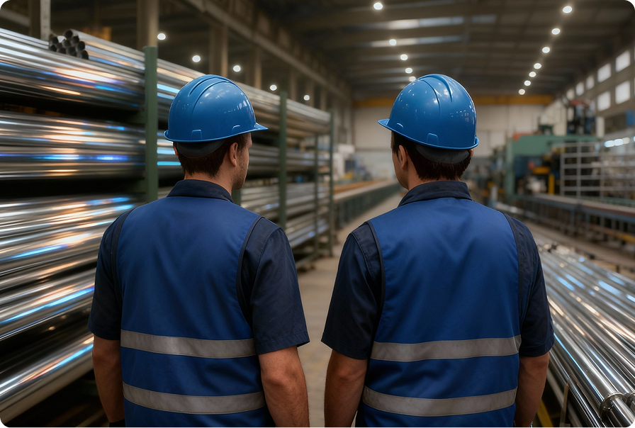 Founders of stainless steel factory standing and looking on the factory