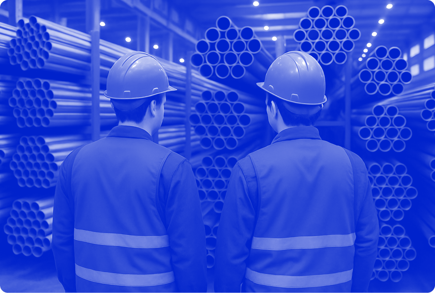 Founders of stainless steel factory standing and looking on the factory